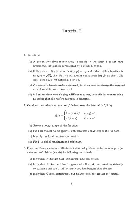 Tutorial 2 - Utility Functions and Indifference Curves Analysis - Studocu