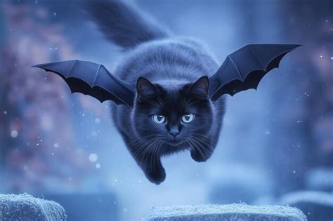 Black cat with bat wings soars through the air its piercing blue eyes ...