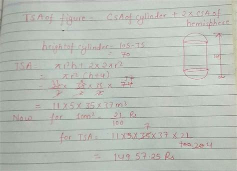 A solid is composed of a cylinder with hemispherical ends. if the whole ...