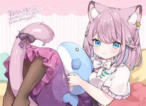 two tone hair, blue eyes, mole under eye, cat tail, cat ears, bow tie, moles, Japanese, cat girl ...
