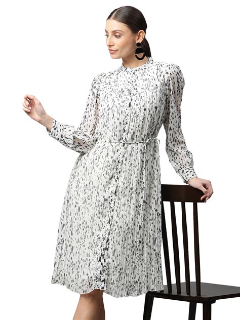 Buy Women White Mandarin Collared Black Polka Dots Dress - Global Republic