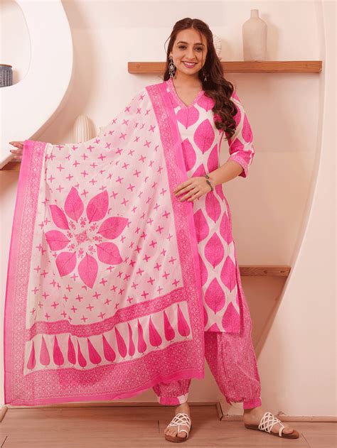 Buy Soft Cotton Floral Straight Pink Kurta, Salwar & Dupatta TP1386T ...