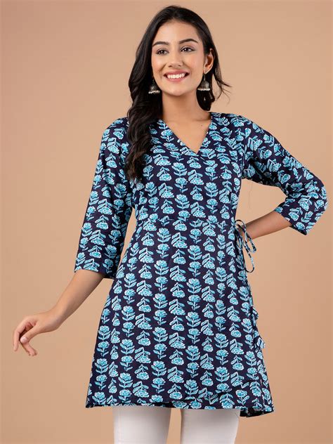 Cotton Printed Blue Angrakha Short Tunic – feranoid