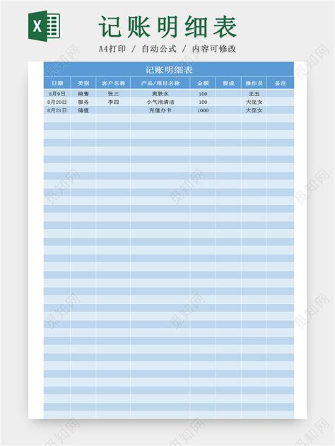 蓝色财务会计公司记账明细Excel表模板下载 - 觅知网