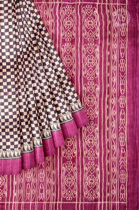 Deep Purple & Sandal Checks Tussar Saree – Kumaran Silks