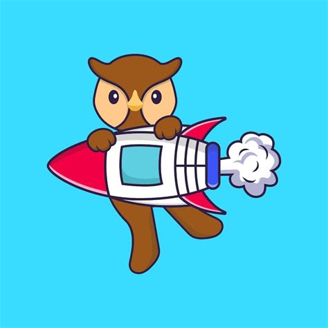 Nette Eule, die auf Rakete fliegt. Tierkarikaturkonzept isoliert ...
