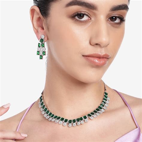 Estele Rhodium Plated CZ Shimmering Necklace Set with Green Stones for