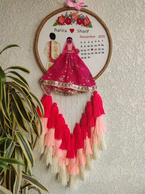 Customizable Bride & Groom Calendar Embroidered Hoop with Tassels