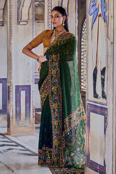 Buy Yellow Georgette, Viscose, Silk Aarna Mughal Bloom Print And Saree ...