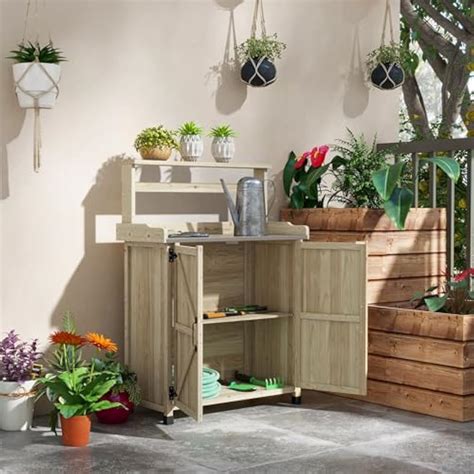 Outsunny Potting Bench, Outdoor Wooden Potting Table India | Ubuy