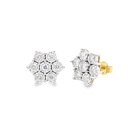Cluster Diamond Earrings in 9ct Yellow Gold, 1 carat of diamonds in a ...