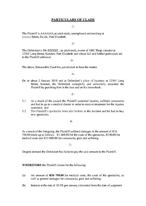 Particulars of Claim - Plaintiff vs. Defendant Case Summary - Studocu