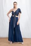 Buy Blue Viscose, Georgette Embroidery V-neck Draped Top And Pant Set ...