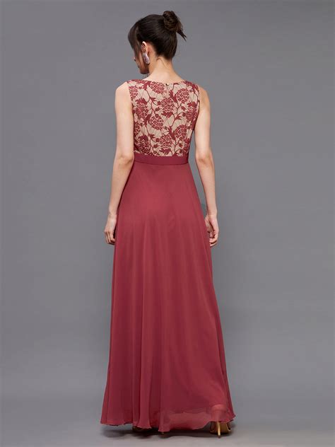 Women's Brick Red & Dusty Green Boat Neck Sleeveless Self Design Lace ...