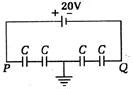 Four equal capacitors are connected to a battery as shown in the ...