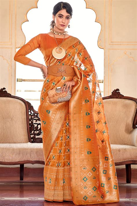 Butterfly Weaving Work Organza Fabric Saree In Orange Color – Sarees Bazaar