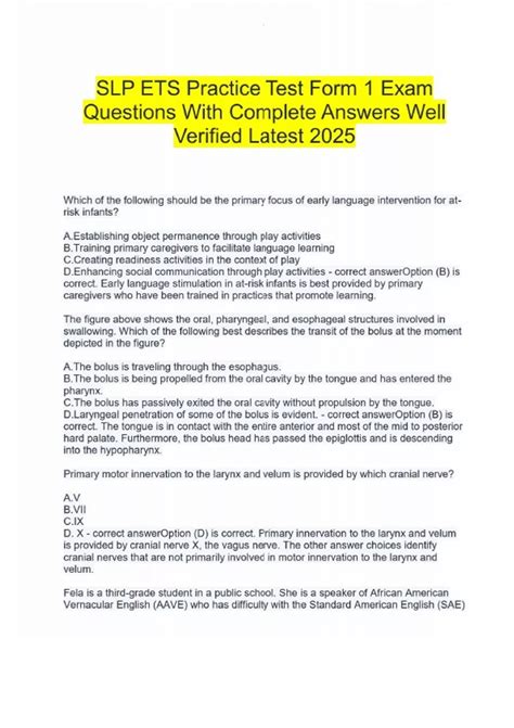 SLP ETS Practice Test Form 1 Exam Questions With Complete Answers Well ...