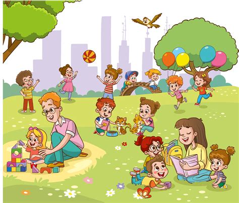 Vector portrait of happy family members relax rest play outdoors in the ...