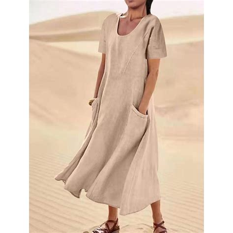 Women's Maxi long Dress Maxi Dress Faux Cotton Linen Casual Dress Solid ...