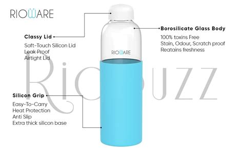 Riobuzz Borosilicate Glass Water Bottle With Silicone Sleeve 550 ml Bl ...