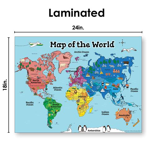 Buy World Map Poster for Kids (18x24 World Map Laminated) Ideal World ...