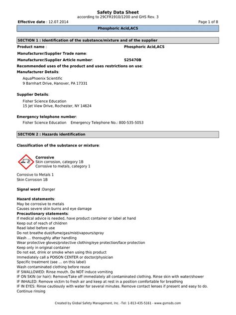 SDS Phosphoric Acid 85% | PDF | Toxicity | Firefighting