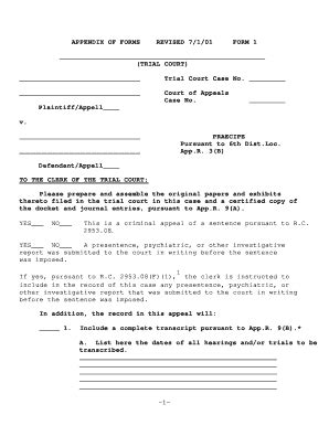 Fillable Online APPENDIX OF FORMS REVISED 7101 FORM 1 TRIAL COURT Court ...