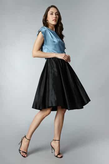 Buy Blue Modal, Silk Asymmetric Color Block Dress For Women by Tara And ...