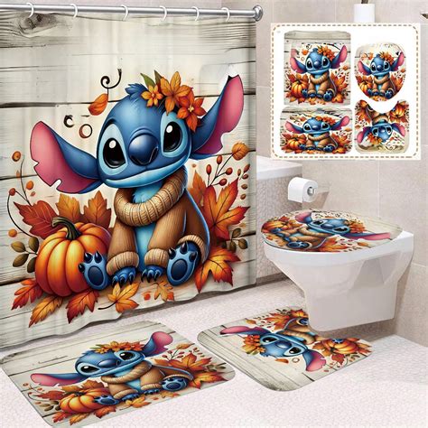 4Pcs Stitch Shower Curtain Set with 12 C-Shaped Hooks, Waterproof ...