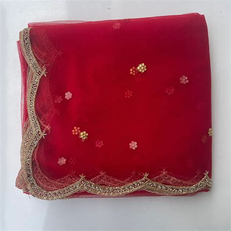 Bridal Red Veil Beauty Hand Embroidered Scalloped Net Veil – anokherang