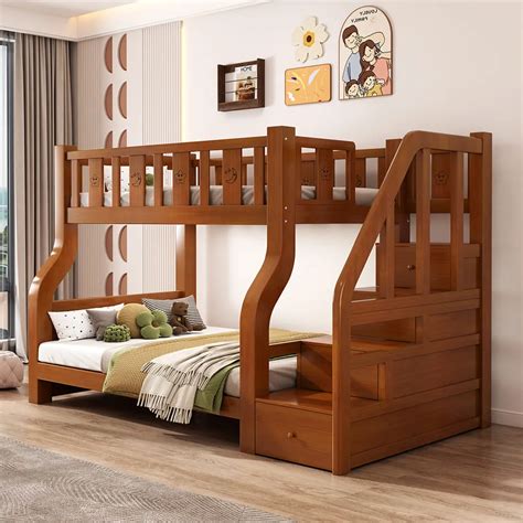 Kids Bunk Bed Brown with Ladder Cabinets