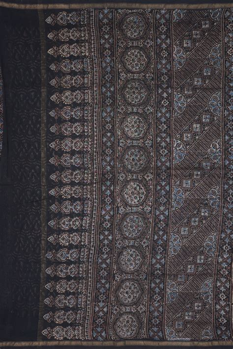Allover Floral Design Black Ajrakh Printed Chanderi Cotton Saree ...
