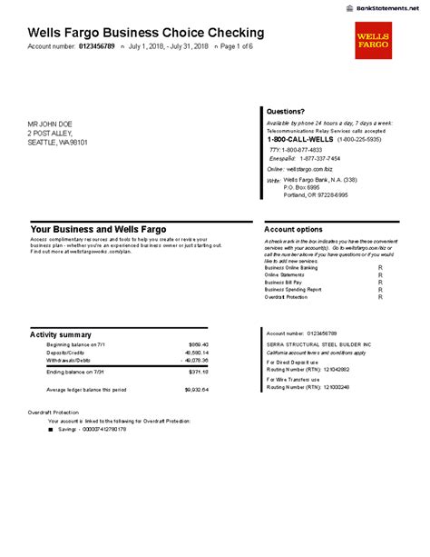 Business Bank Statement Wells Fargo Bank Statements - Wells Fargo ...