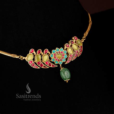 Jadau Gold Floral Necklace with Bird Rectangular Plaque – Sasitrends