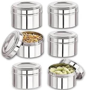 Buy STEEPLE Set of 6 Stainless Steel See-Through Masala Containers With ...
