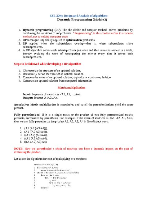 CSE 3004: Dynamic Programming in Matrix Chain Multiplication - Studocu
