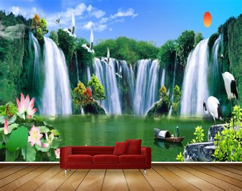 Avikalp MWZ2649 Sun Waterfalls Lotus Flowers Trees Cranes Plants Boat ...