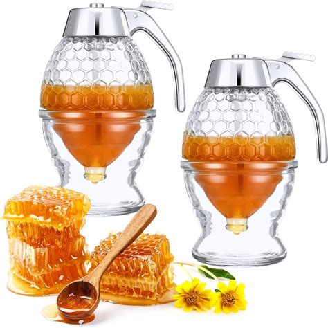 Amazon.com: Eccliy 2 Pcs 8 Oz Glass Honey Dispenser Dripless with Stand ...