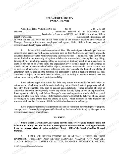North Carolina Release of Liability Parent Minor - Horse Equine Forms ...