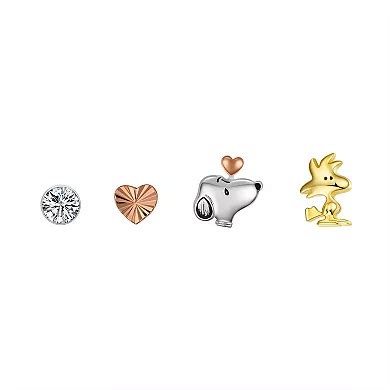 Peanuts Tri-Tone Cubic Zirconia Snoopy, Woodstock, & Heart Stud ...