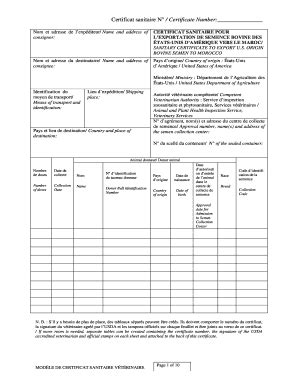 Fillable Online aphis usda Certificat sanitaire N / Certificate Number ...