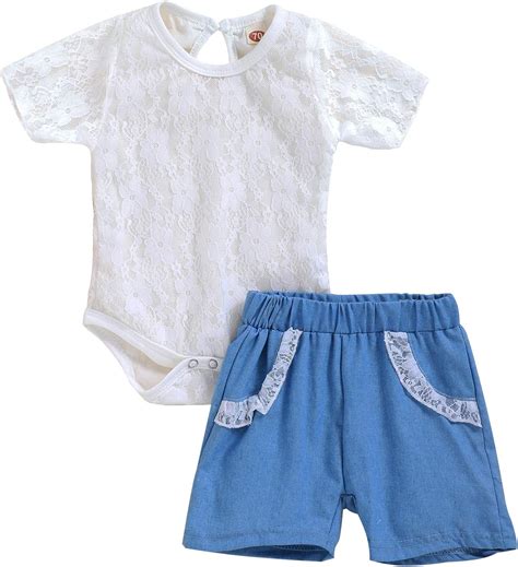 Buy Baby Girl Summer Shorts Outfits Toddler Girl Lace Romper Jeans 2Pcs ...