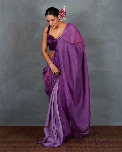 Embrace Glow Purple Handwoven Linen Saree – Elegant Style by TARA