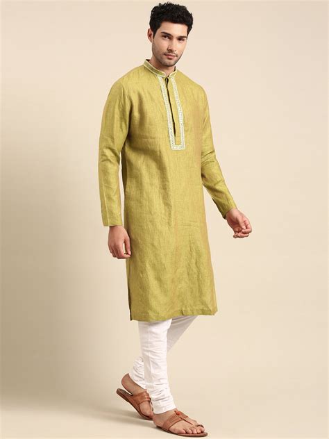 Green Linen Emb Kurta Set (Frosted Mint Leaf) - MMK0609 – Mayank Modi ...