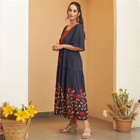 Buy Navy Blue V Neck Floral Tiered Dress | Rustorange