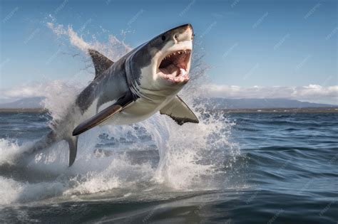 Premium Photo | A great white shark jumping out of the water creates a ...
