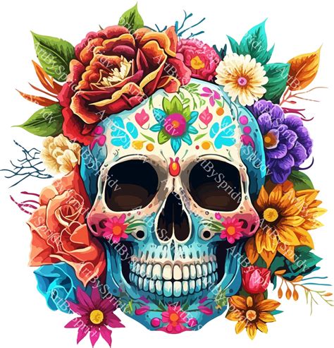 Cute Colorful Sugar Skull With Flowers PNG Clipart - Transparent Floral ...