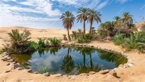 Oasis Pond in Desert Landscape with Palm Trees | Premium AI-generated image
