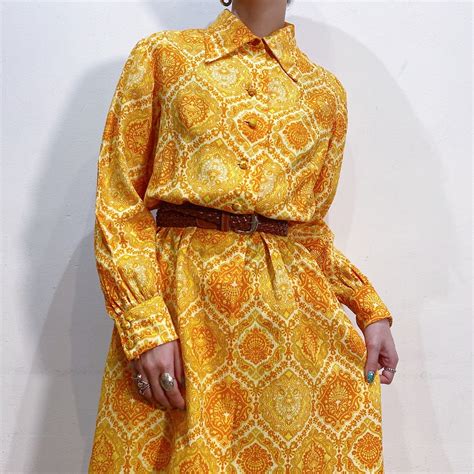 70s yellow and orange shirt dress【576】 | LEMON