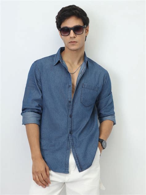 Men's Ice Blue Regular Fit Full Sleeve Solid Denim Shirt – Urbano Fashion